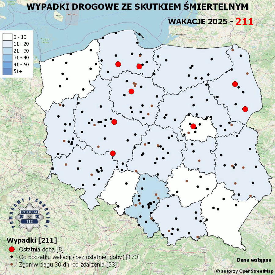 Mapa prezentująca liczbę wypadków poprzedniej doby w Polsce. Prezentowane dane są dostępne w tekście poniżej.