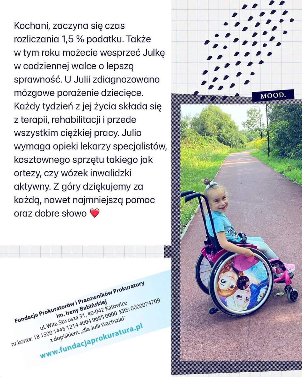 na zdjęciu plakat, na którym jest Julka na wózku inwaldzkim i tekst o przekazanie 1,5 proc. podatku