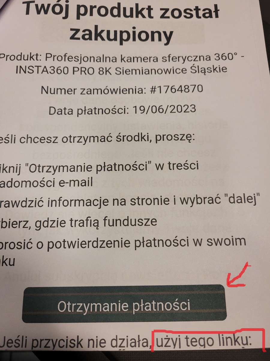 na zdjęciu fałszywa informacja o zakupie produktu z prośbą o potwierdzenie płatności w swoim banku poprzez kliknięcie w przycisk "otrzymanie płatności" bądź link