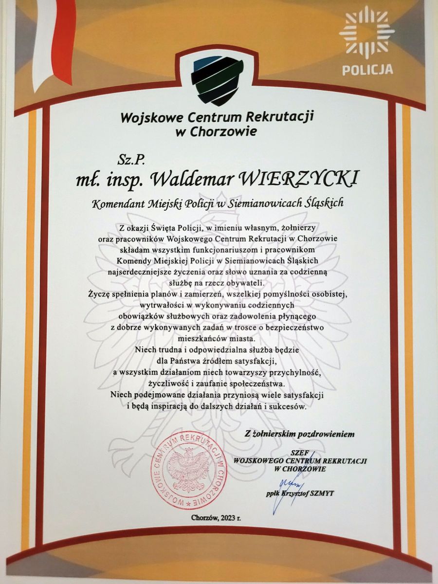 podziękowania od Szefa Wojskowego Centrum Rekrutacji w Chorzowie