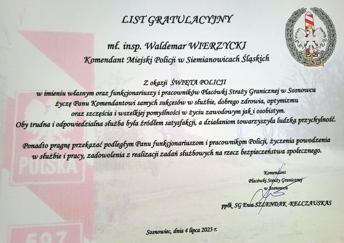podziękowania od Komendanta Placówki Straży Granicznej w Sosnowcu