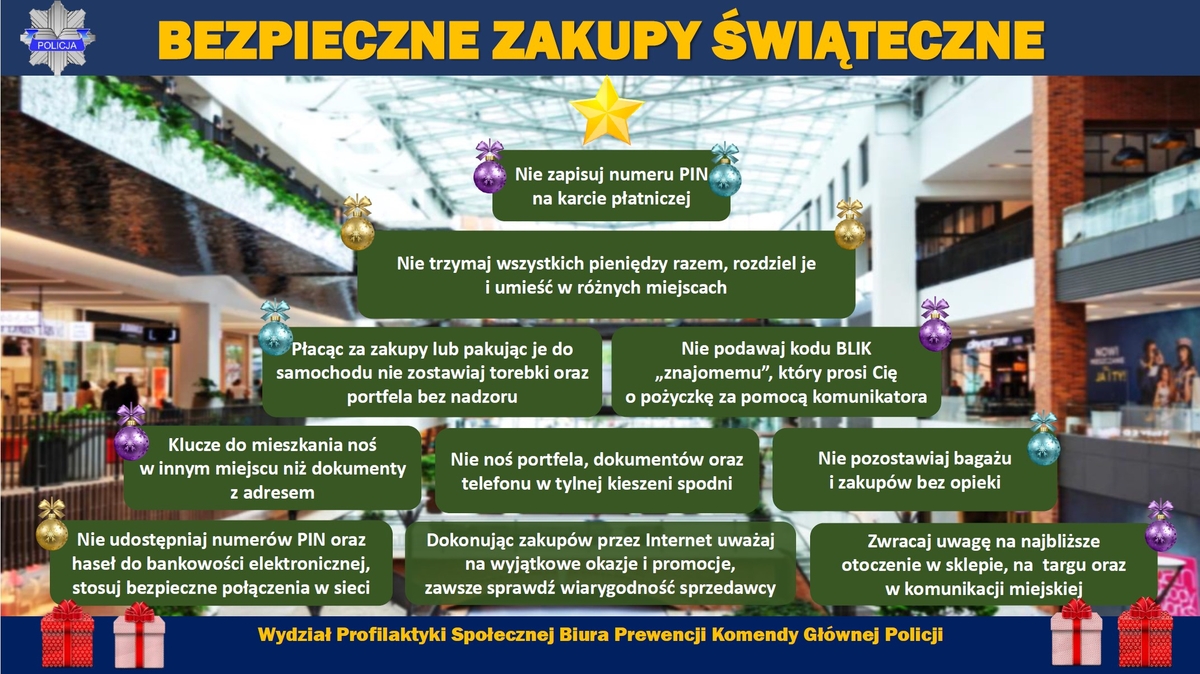 na zdjeciu plakat choinka i napis bezpieczne zakupy świąteczne