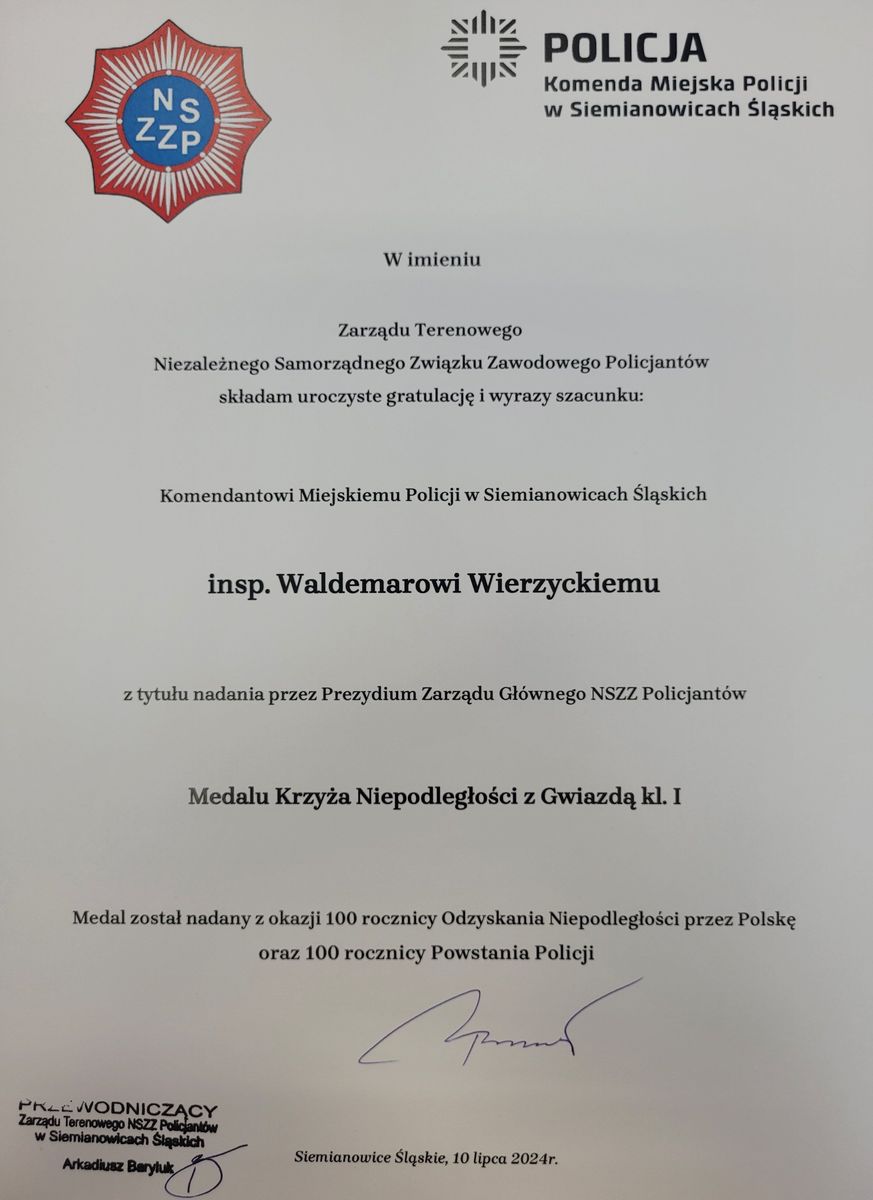 na zdjęciu list gratulacyjny od związków zawodowych