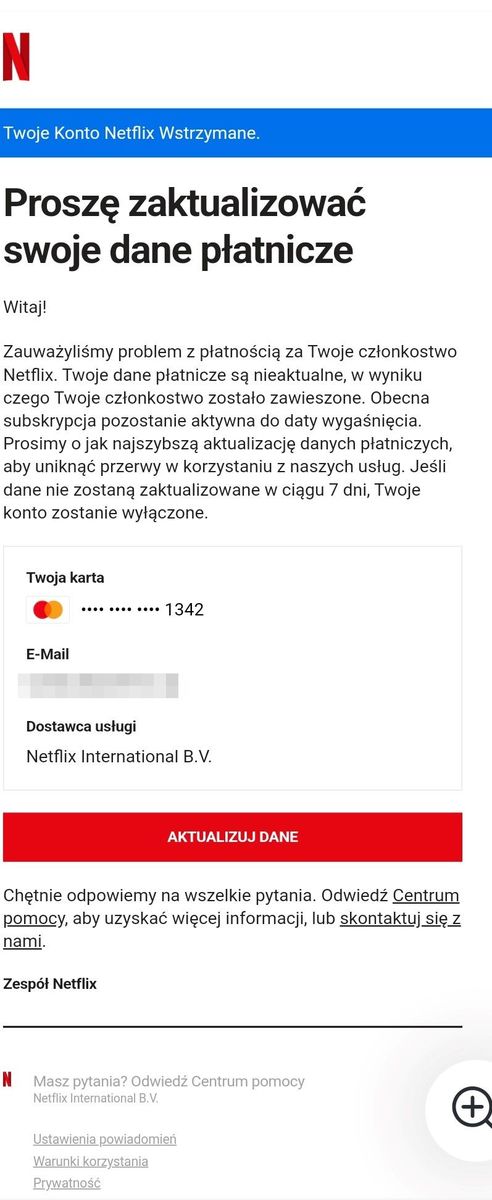 na zdjęciu mail wysłany przez oszustów