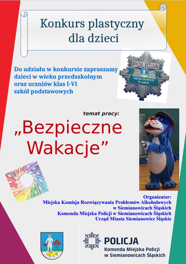 na zdjęciu plakat Sznupek, kredki i napis konkurs plastyczny "Bezpieczne Wakacje"