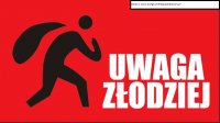 rysunek postaci złodzieja z workiem z napisem uwaga złodziej