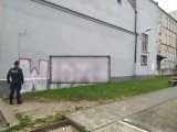 policjant stoi przy ścianie pomalowanej graffiti