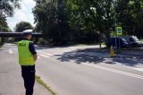 policjant stoi w obrębie przejścia dla pieszych