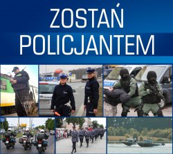 plakat ze zdjęciami policjantów i napis zostań policjantem