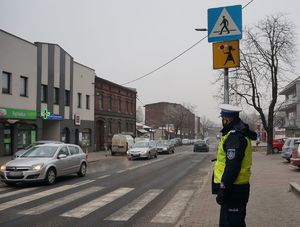 na zdjęciu policjant stojący przy oznakowanym przejściu dla pieszych