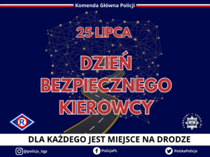 na zdjęciu plakat z napisem Dzień Bezpiecznego kierowcy 25 lipiec dla każdego jest miejsce na drodze