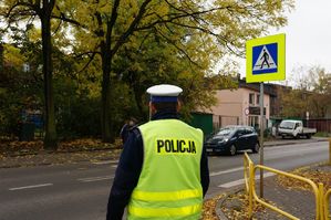 na zdjęciu policjant przy przejściu dla pieszych