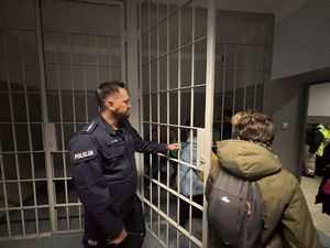 na zdjęciu policjant z uczniami w pomieszczeniu z celami