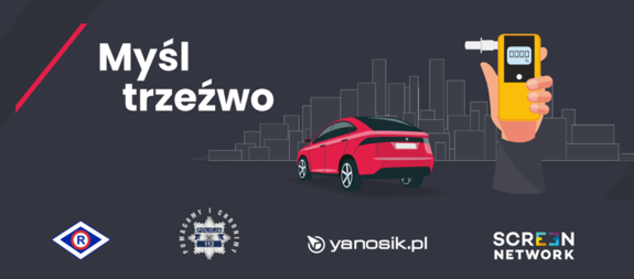 na zdjęciu plakat akcji samochód, alkomat i napis myśl trzeźwo