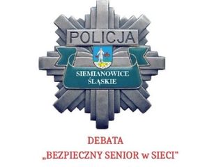 na zdjęciu gwiazda Policji i napis debata &quot;Bezpieczny senior w sieci&quot;