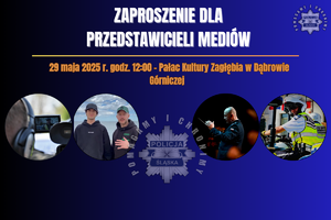 na zdjęciu plakat z artystami, orkiestrą policyjną i policjantem