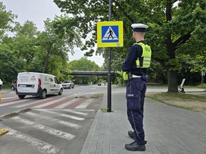 na zdjęciu policjant stoi przy przejściu