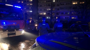 Na zdjęciu widnieje radiowóz policyjny oraz wóz strażacki na załączonych sygnałach świetlnych, a w jego tle widoczni są policjanci