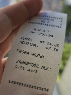 zdjęcie przedstawia wydruk badania trzeźwości